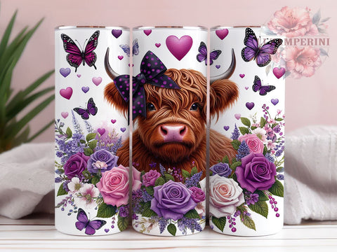 Highland Cow Spring Flower 20oz Tumbler Wrap PNG, Highland Cow Purple Tumbler Png, Straight & Tapered Tumbler Wrap, Instant Digital Download Sublimation Li Zamperini 