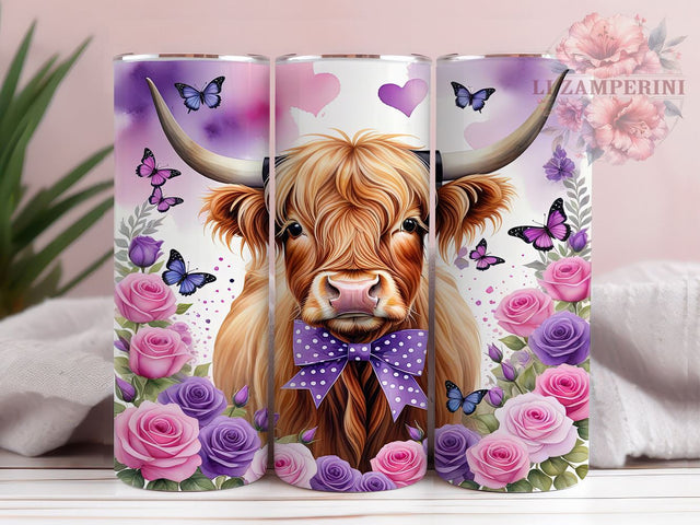 Highland Cow Spring Flower 20oz Tumbler Wrap PNG, Highland Cow Purple Tumbler Png, Straight & Tapered Tumbler Wrap, Instant Digital Download Sublimation Li Zamperini 