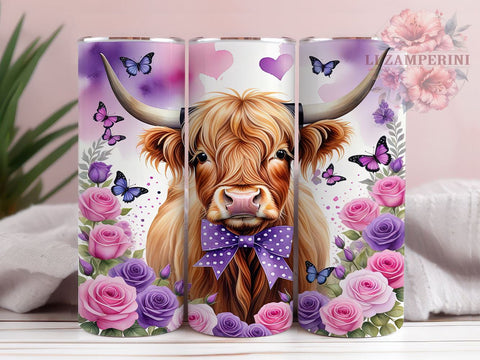 Highland Cow Spring Flower 20oz Tumbler Wrap PNG, Highland Cow Purple Tumbler Png, Straight & Tapered Tumbler Wrap, Instant Digital Download Sublimation Li Zamperini 
