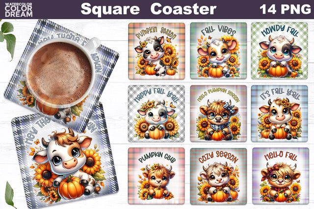 Highland Cow Square Coaster Bundle Sublimation WatercolorColorDream 