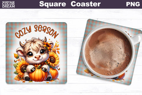 Highland Cow Square Coaster Bundle Sublimation WatercolorColorDream 