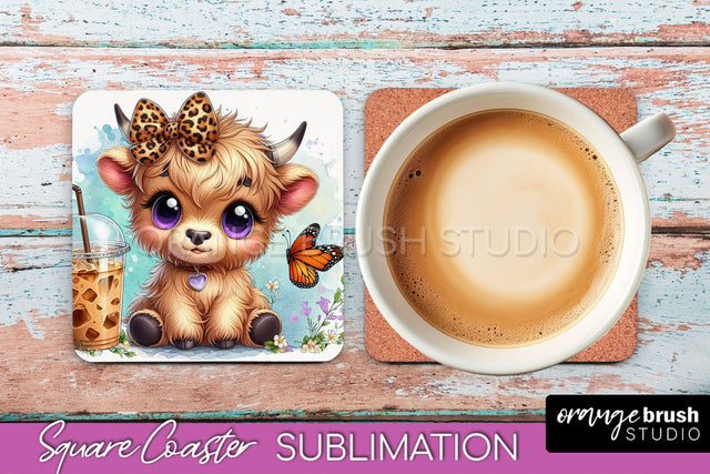 Highland Cow Square Coaster - Coffee Coaster Sublimation Sublimation OrangeBrushStudio 