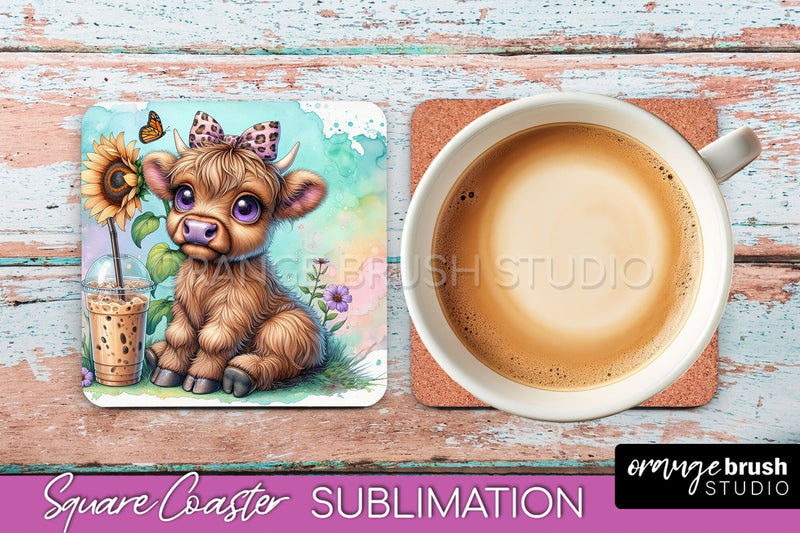 Highland Cow Square Coaster - Coffee Coaster Sublimation Sublimation OrangeBrushStudio 
