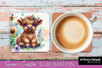 Highland Cow Square Coaster - Coffee Coaster Sublimation Sublimation OrangeBrushStudio 