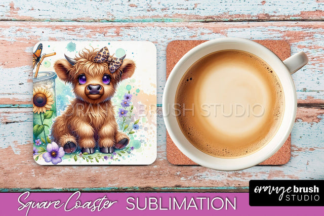 Highland Cow Square Coaster - Coffee Coaster Sublimation Sublimation OrangeBrushStudio 