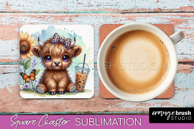 Highland Cow Square Coaster - Coffee Coaster Sublimation Sublimation OrangeBrushStudio 