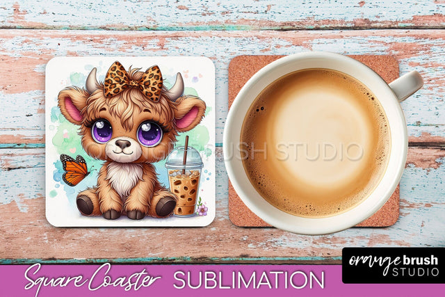Highland Cow Square Coaster - Coffee Coaster Sublimation Sublimation OrangeBrushStudio 