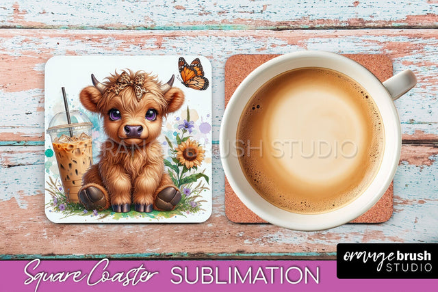 Highland Cow Square Coaster - Coffee Coaster Sublimation Sublimation OrangeBrushStudio 