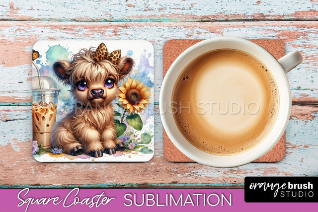 Highland Cow Square Coaster - Coffee Coaster Sublimation Sublimation OrangeBrushStudio 