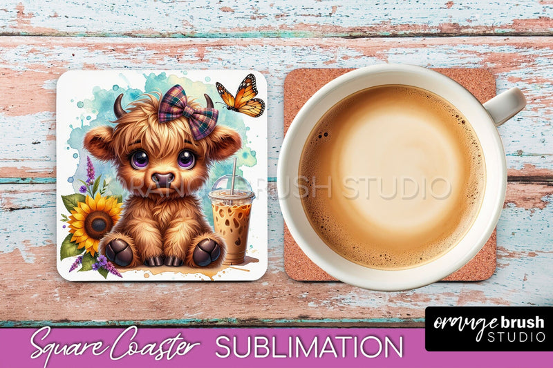 Highland Cow Square Coaster - Coffee Coaster Sublimation Sublimation OrangeBrushStudio 