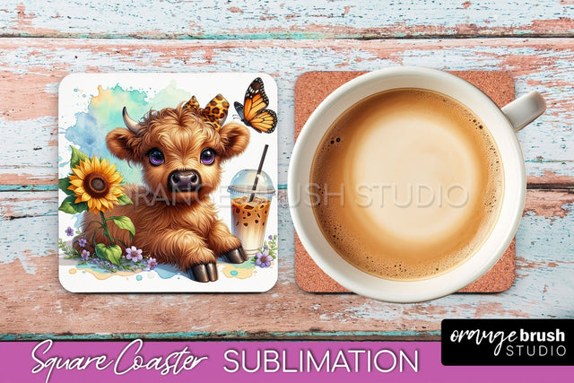 Highland Cow Square Coaster - Coffee Coaster Sublimation Sublimation OrangeBrushStudio 