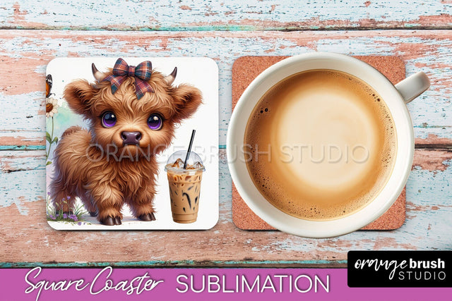 Highland Cow Square Coaster - Coffee Coaster Sublimation Sublimation OrangeBrushStudio 