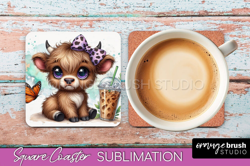 Highland Cow Square Coaster - Coffee Coaster Sublimation Sublimation OrangeBrushStudio 