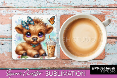 Highland Cow Square Coaster - Coffee Coaster Sublimation Sublimation OrangeBrushStudio 