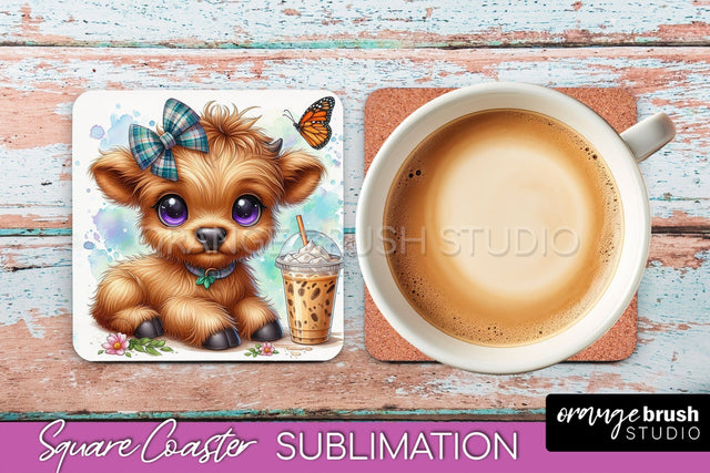 Highland Cow Square Coaster - Coffee Coaster Sublimation Sublimation OrangeBrushStudio 