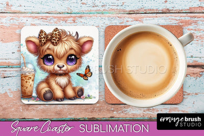 Highland Cow Square Coaster - Coffee Coaster Sublimation Sublimation OrangeBrushStudio 