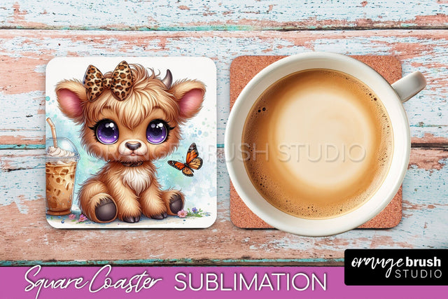 Highland Cow Square Coaster - Coffee Coaster Sublimation Sublimation OrangeBrushStudio 
