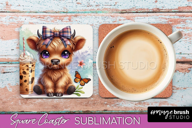 Highland Cow Square Coaster - Coffee Coaster Sublimation Sublimation OrangeBrushStudio 