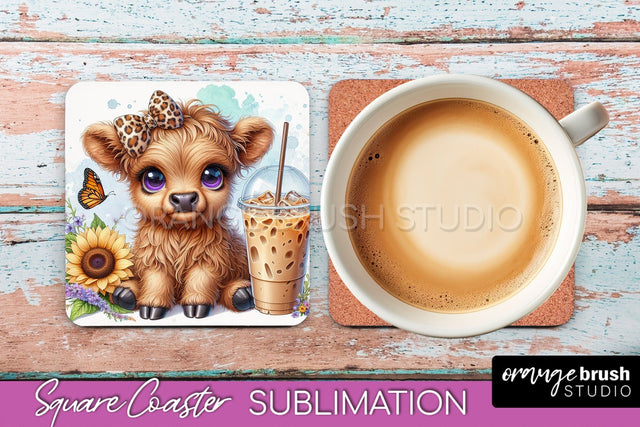 Highland Cow Square Coaster - Coffee Coaster Sublimation Sublimation OrangeBrushStudio 