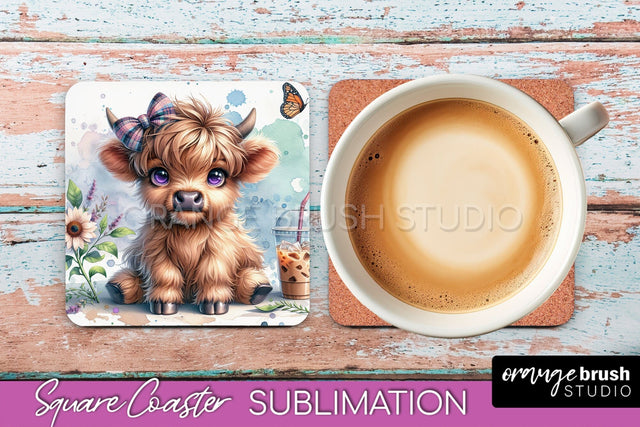 Highland Cow Square Coaster - Coffee Coaster Sublimation Sublimation OrangeBrushStudio 