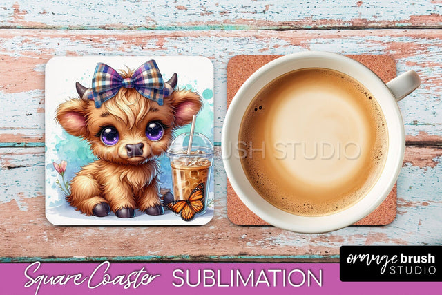 Highland Cow Square Coaster - Coffee Coaster Sublimation Sublimation OrangeBrushStudio 