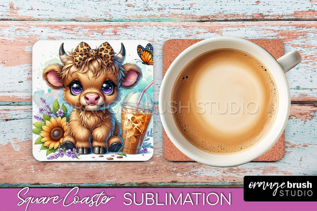 Highland Cow Square Coaster - Coffee Coaster Sublimation Sublimation OrangeBrushStudio 