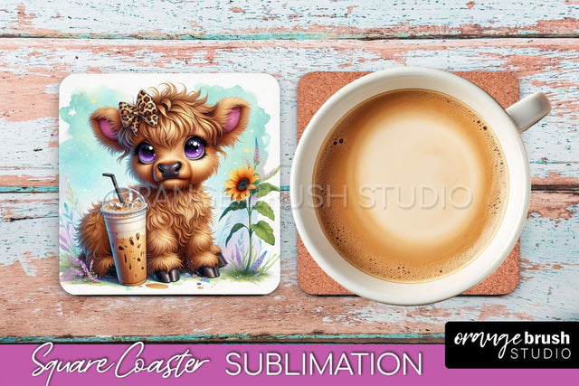 Highland Cow Square Coaster - Coffee Coaster Sublimation Sublimation OrangeBrushStudio 