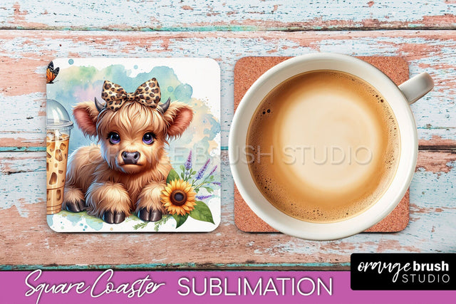 Highland Cow Square Coaster - Coffee Coaster Sublimation Sublimation OrangeBrushStudio 