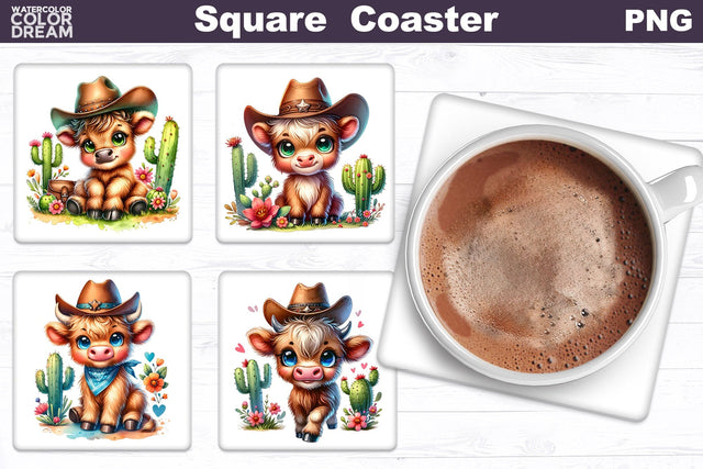 Highland Cow Square Coaster | Cute Cowboy Square Coaster Sublimation WatercolorColorDream 