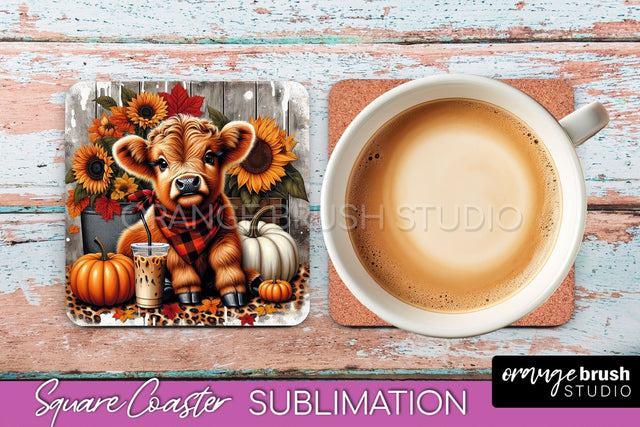 Highland Cow Square Coaster - Fall Coaster Sublimation Sublimation OrangeBrushStudio 