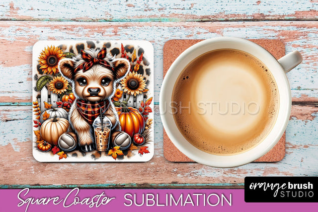 Highland Cow Square Coaster - Fall Coaster Sublimation Sublimation OrangeBrushStudio 