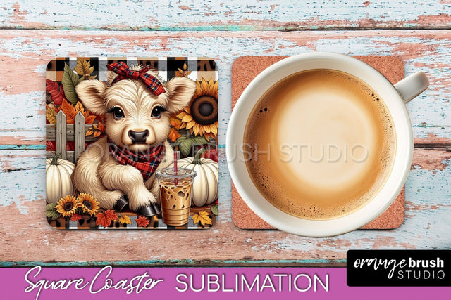 Highland Cow Square Coaster - Fall Coaster Sublimation Sublimation OrangeBrushStudio 