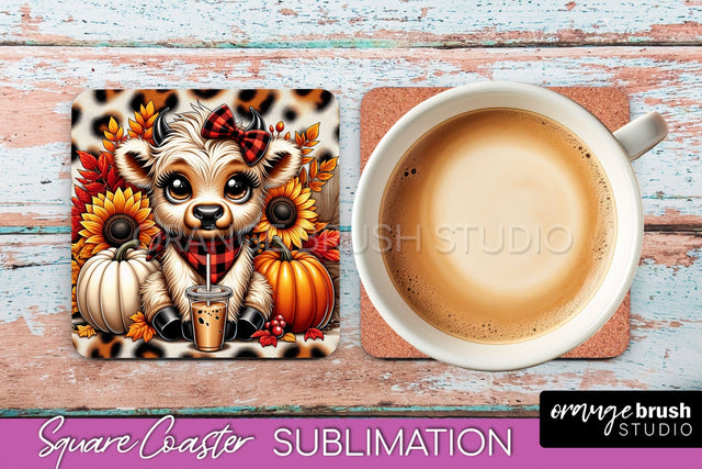Highland Cow Square Coaster - Fall Coaster Sublimation Sublimation OrangeBrushStudio 