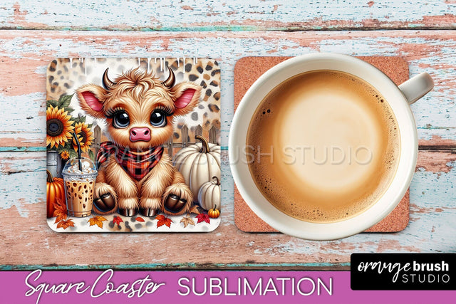 Highland Cow Square Coaster - Fall Coaster Sublimation Sublimation OrangeBrushStudio 