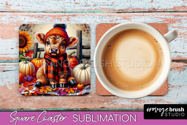 Highland Cow Square Coaster - Fall Coaster Sublimation Sublimation OrangeBrushStudio 