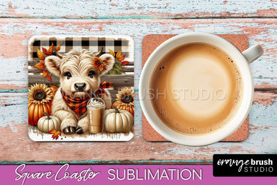 Highland Cow Square Coaster - Fall Coaster Sublimation Sublimation OrangeBrushStudio 