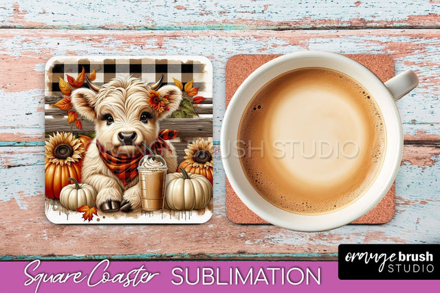 Highland Cow Square Coaster - Fall Coaster Sublimation Sublimation OrangeBrushStudio 
