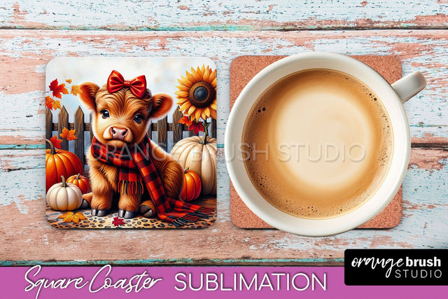 Highland Cow Square Coaster - Fall Coaster Sublimation Sublimation OrangeBrushStudio 