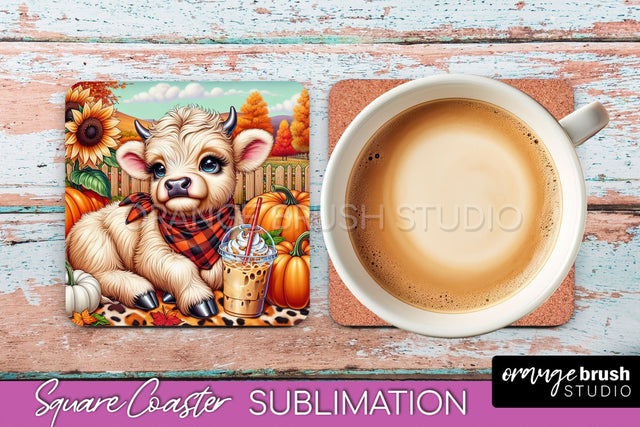 Highland Cow Square Coaster - Fall Coaster Sublimation Sublimation OrangeBrushStudio 
