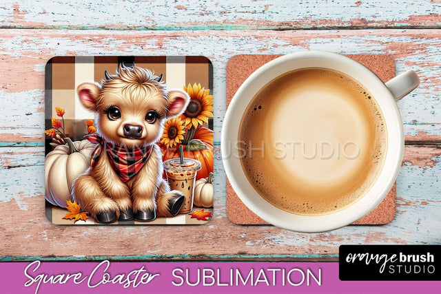 Highland Cow Square Coaster - Fall Coaster Sublimation Sublimation OrangeBrushStudio 