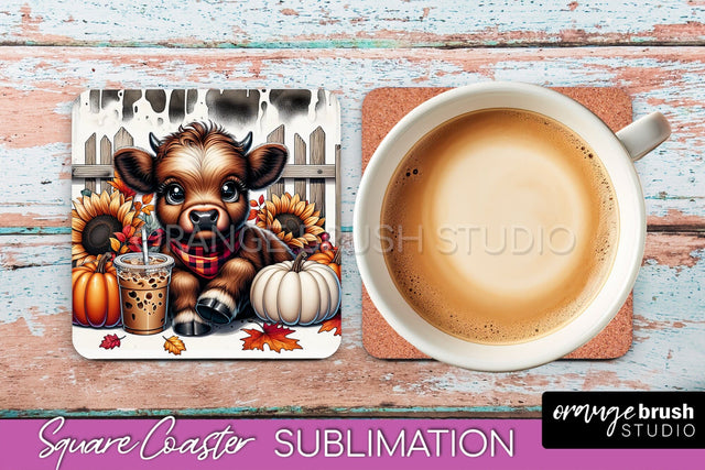Highland Cow Square Coaster - Fall Coaster Sublimation Sublimation OrangeBrushStudio 