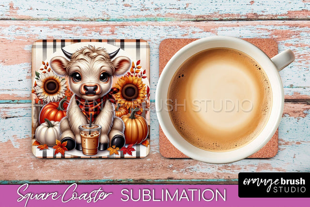 Highland Cow Square Coaster - Fall Coaster Sublimation Sublimation OrangeBrushStudio 