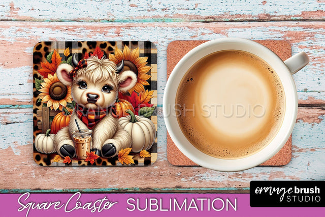 Highland Cow Square Coaster - Fall Coaster Sublimation Sublimation OrangeBrushStudio 