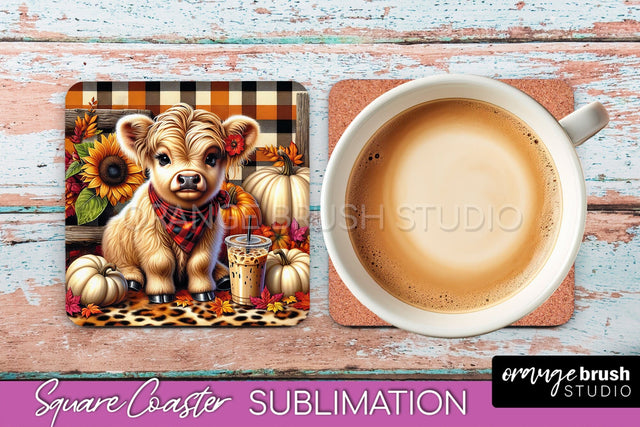 Highland Cow Square Coaster - Fall Coaster Sublimation Sublimation OrangeBrushStudio 