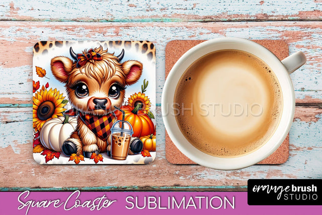 Highland Cow Square Coaster - Fall Coaster Sublimation Sublimation OrangeBrushStudio 