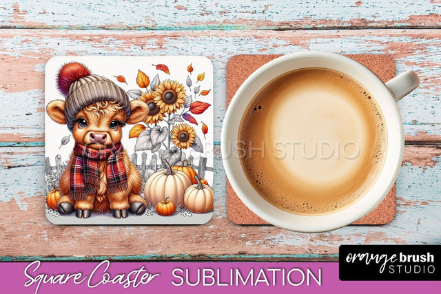 Highland Cow Square Coaster - Fall Coaster Sublimation Sublimation OrangeBrushStudio 