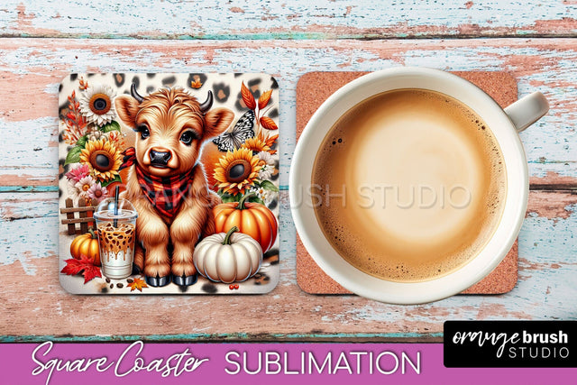 Highland Cow Square Coaster - Fall Coaster Sublimation Sublimation OrangeBrushStudio 