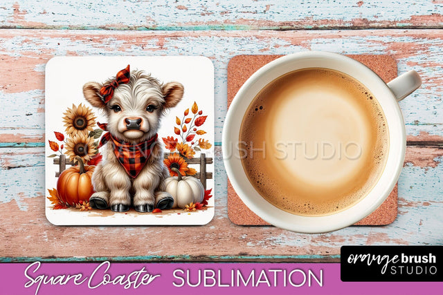 Highland Cow Square Coaster - Fall Coaster Sublimation Sublimation OrangeBrushStudio 