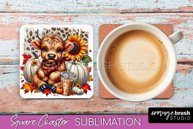Highland Cow Square Coaster - Fall Coaster Sublimation Sublimation OrangeBrushStudio 