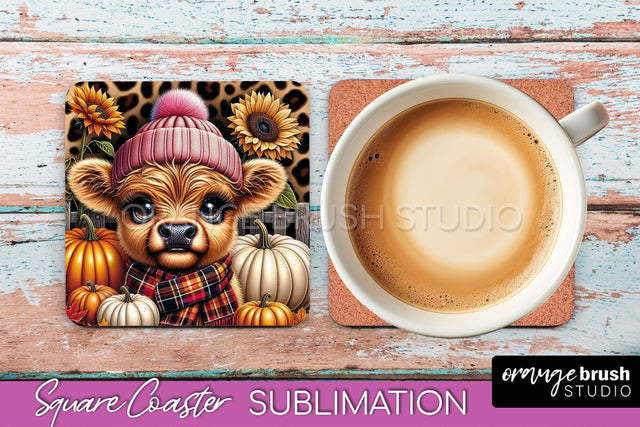 Highland Cow Square Coaster - Fall Coaster Sublimation Sublimation OrangeBrushStudio 
